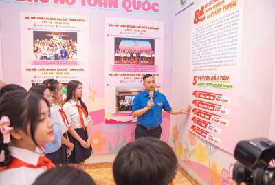 Phó Chủ tịch Hội đồng Đội Trung ương, Giám đốc Trung tâm Hỗ trợ và Phát triển thiếu nhi Việt Nam Lê Anh Quân giới thiệu về lịch sử của Đội Thiếu niên Tiền Phong Hồ Chí Minh cho các đại biểu tiêu biểu dự Đại hội cháu ngoan Bác Hồ năm 2025. Ảnh: TTXVN phát