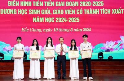 Phó Chủ tịch Thường trực UBND tỉnh Bắc Giang Mai Sơn trao Bằng khen cho học sinh đoạt giải Nhất kỳ thi chọn học sinh giỏi quốc gia năm học 2024-2025. Ảnh: Đồng Thúy - TTXVN