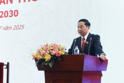 Ông Nguyễn Huy Hưng, Bí thư Đảng ủy nhiệm kỳ 2020 -2025, Chủ tịch Hội đồng quản trị Tổng Công ty Lương thực miền Nam phát biểu tại đại hội. Ảnh: Xuân Anh - TTXVN