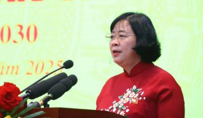 Đồng chí Bùi Thị Minh Hoài, Ủy viên Bộ Chính trị, Bí thư Thành ủy Hà Nội phát biểu chỉ đạo Đại hội. Ảnh: Quốc Lũy - TTXVN