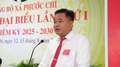 Đồng chí Nguyễn Thanh Cường, Bí thư Đảng ủy xã Phước Chỉ nhiệm kỳ 2025 -2030, phát biểu khai mạc Đại hội. Ảnh: Minh Phú – TTXVN