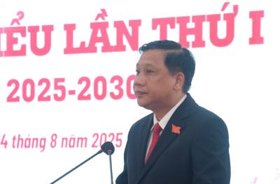 Bí thư Đảng ủy phường Khánh Hậu Nguyễn Việt Cường phát biểu tại Đại hội. Ảnh: Bùi Giang - TTXVN