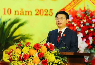  Bí thư Tỉnh ủy Ninh Bình Trương Quốc Huy phát biểu khai mạc Đại hội. Ảnh: Đức Phương - TTXVN