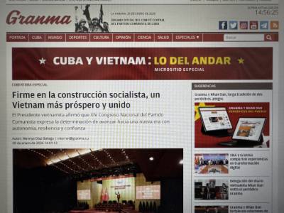 Báo Granma đưa tin về Đại hội XIV của Đảng Cộng sản Việt Nam. Ảnh chụp màn hình: Việt Hùng-P/v TTXVN tại Cuba