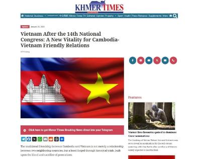 Báo “Khmer Times” ngày 26/1/2026 đăng bài viết với tiêu đề “Việt Nam sau Đại hội Đảng XIV: Sức sống mới cho quan hệ hữu nghị Campuchia-Việt Nam” (ảnh chụp màn hình). Ảnh: TTXVN phát